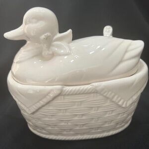 Charming White Ceramic Duck Covered Dish with Spoon